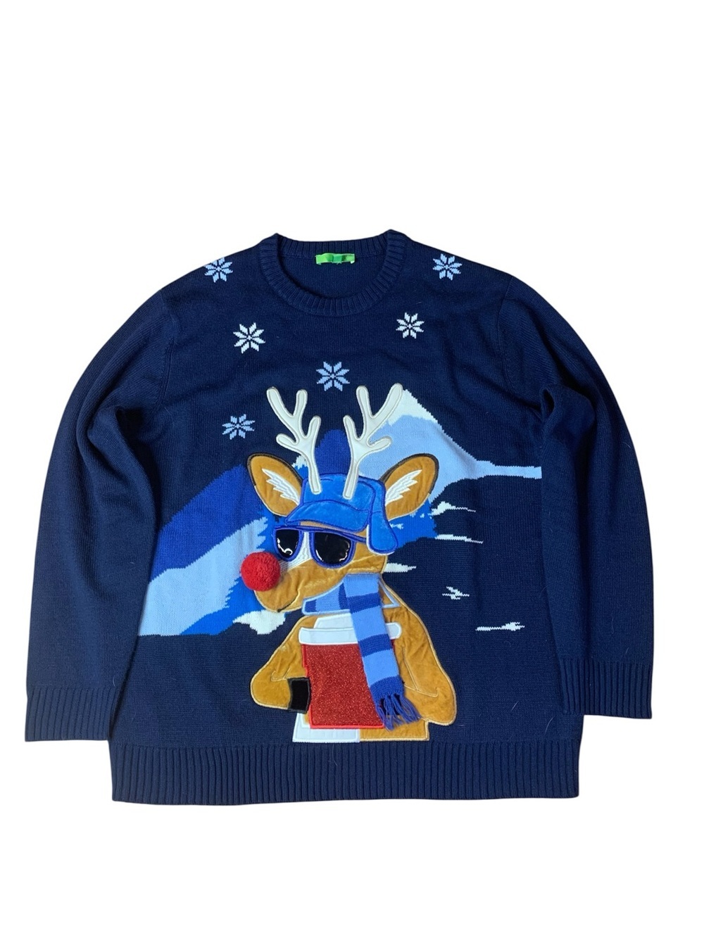Ugly Christmas Sweater Navy Blue Reindeer XL Crewneck Holiday Knit Pullover